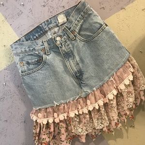 Floral Pink frayed VTG Levi Jean skirt